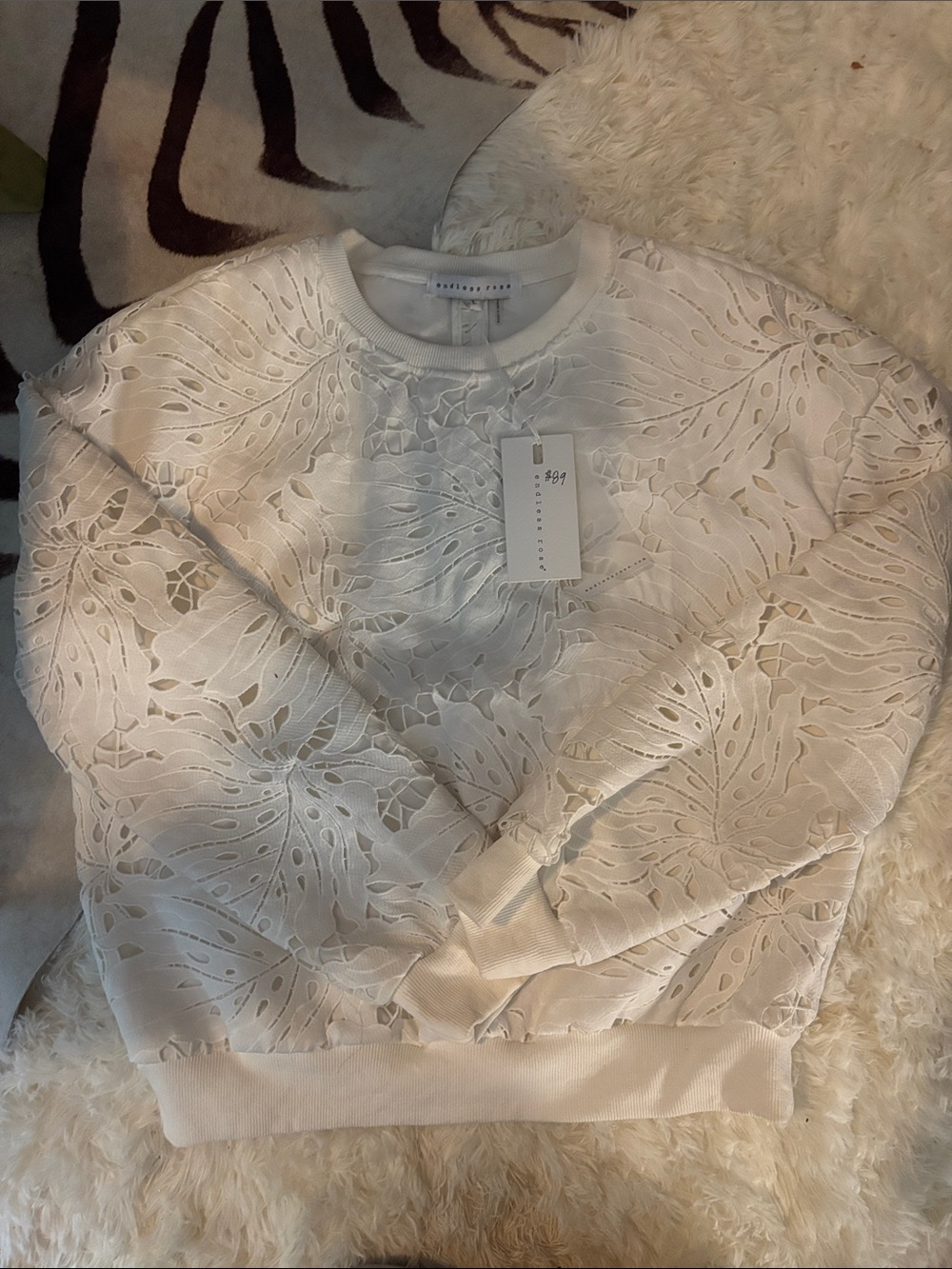 NWT Endless Rose White Laser-Cut Palm Leaf Sweater size L